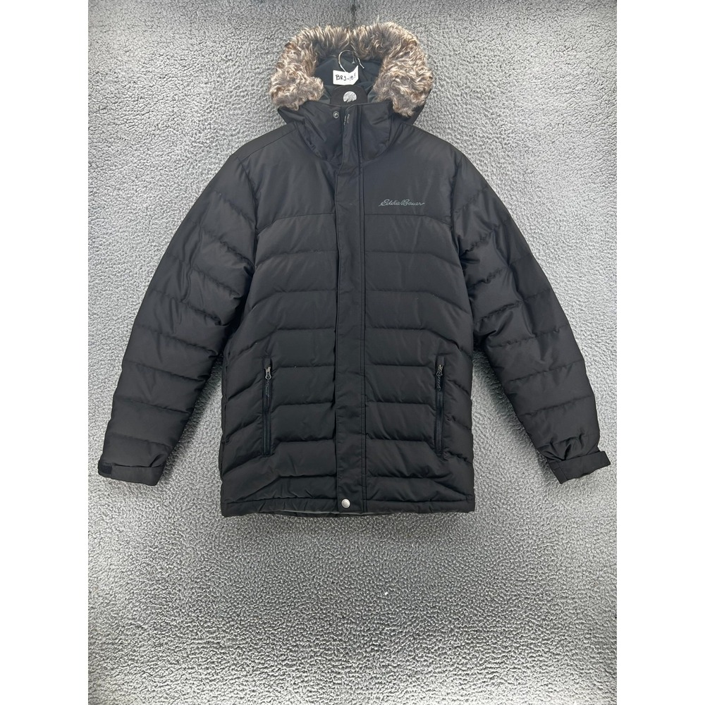 Eddie Bauer Men's Small Black‎ Down Parka Jacket Faux Fur Hood Winter